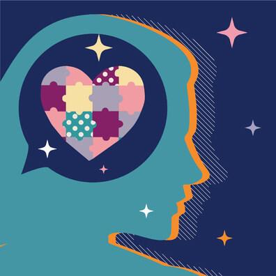 Illustration of heart-shaped brain made of colorful puzzle pieces, encircled by speech bubble, surrounded by stars