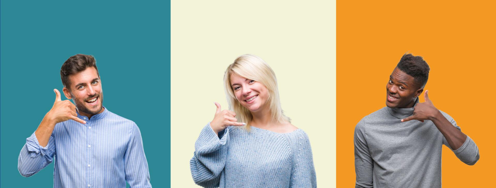 Three people over colorful backgrounds smiling doing phone gesture with hand and fingers, pantomiming talking on the phone