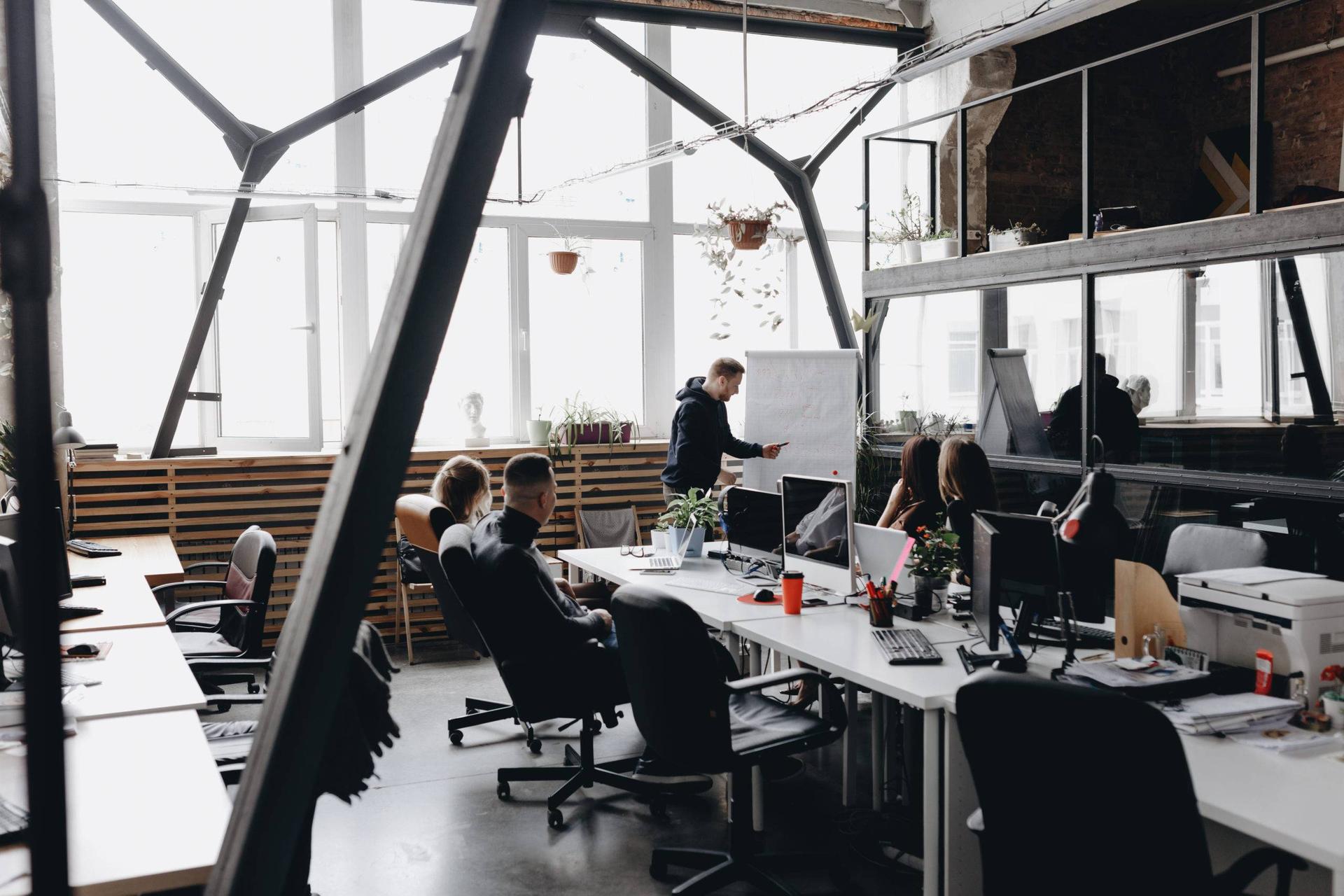 A group of professionals sit in a well-lit office watching a man in a hoodie present and point to a whiteboard