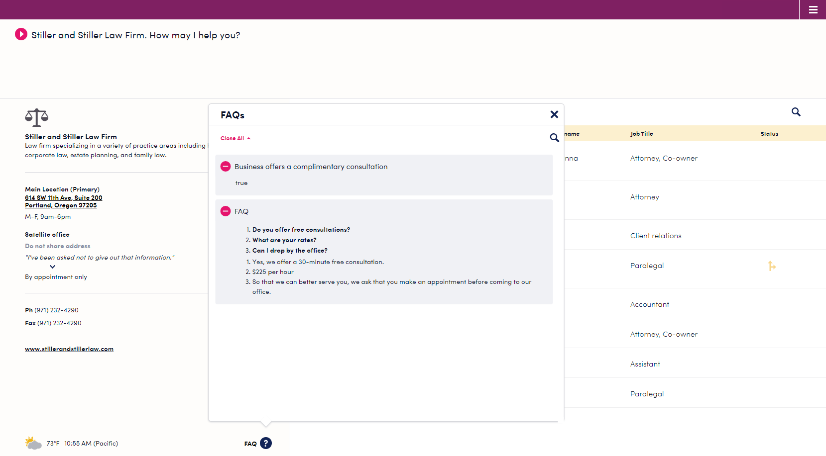 Example of frequently asked questions (FAQs) enhanced by virtual receptionists