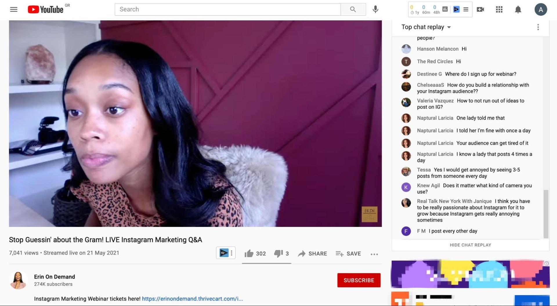 Screenshot of Erin on Demand using YouTube Live