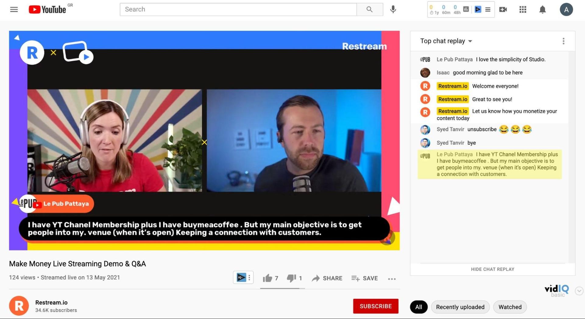 Screenshot of Uscreen and Restream hosting an event on YouTube Live with a real-time chat conversation