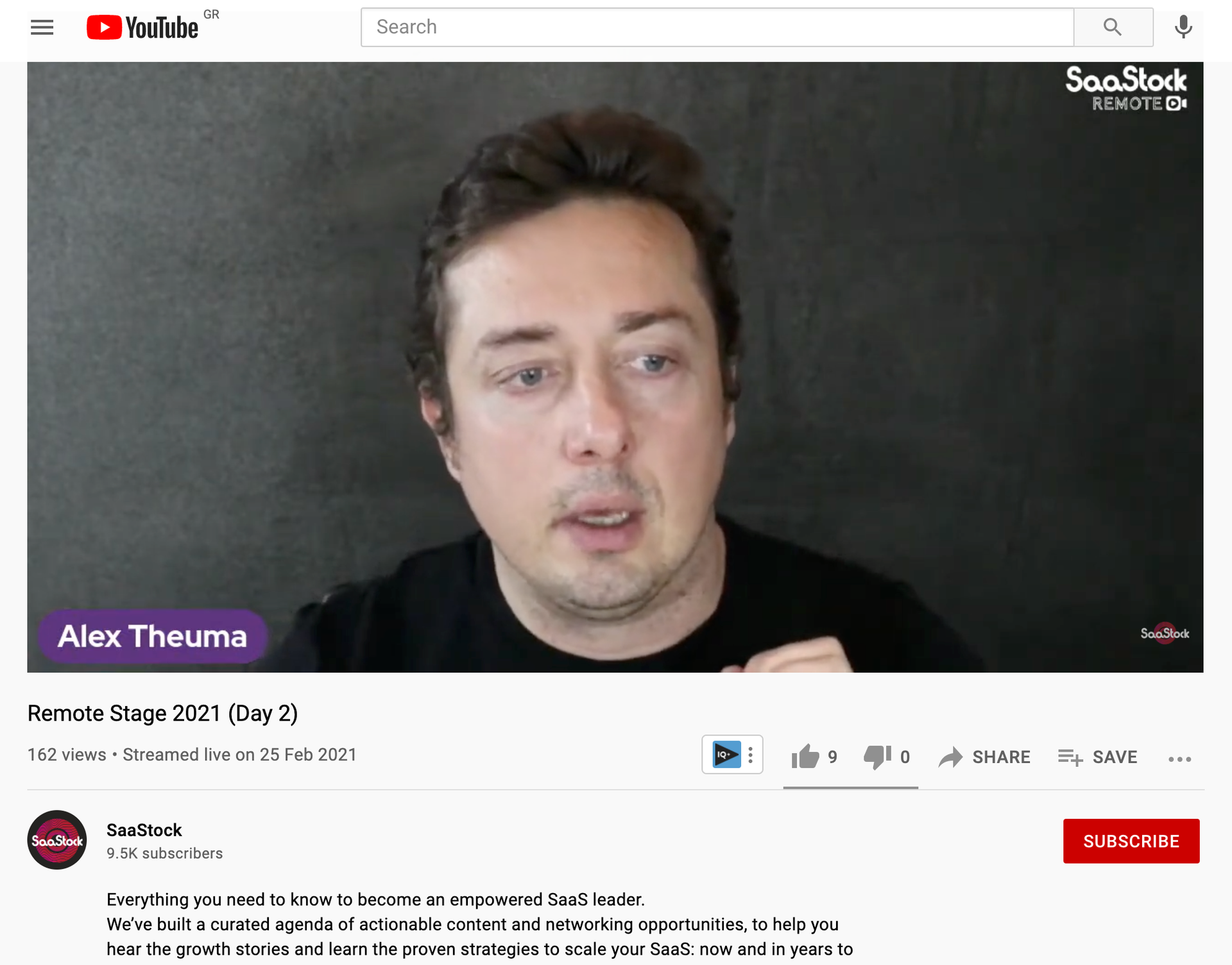 Screenshot of SaaStock using YouTube Live to host a webinar