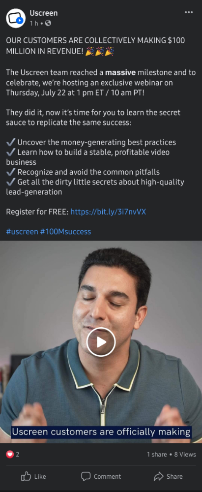 Screenshoot of Uscreen promoting a live event on Facebook