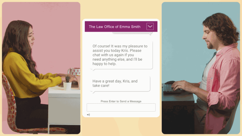 24/7 live chat: a Ruby chat specialist and a potential new client use computers in split screen with a live chat window between them