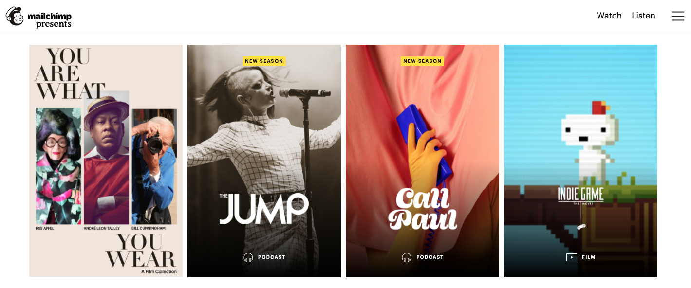 Screenshot of Mailchimp Presents homepage, showing series including "You Are What You Wear," "The Jump," "Call Paul," and "Indie Game: The Movie"