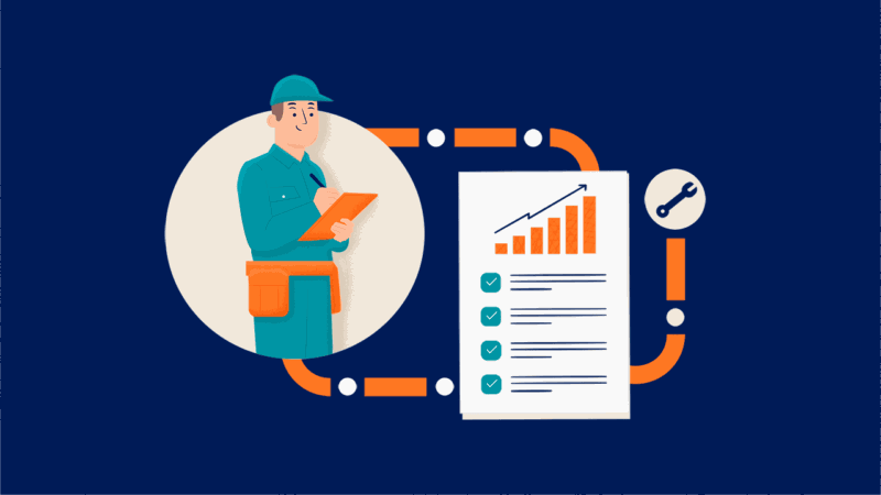 25 ways to grow your plumbing business: illustration of plumber with checklist and pipework connected to chart showing business growth