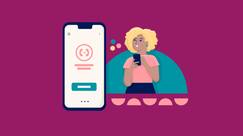 The perks of porting your business number: illustration of person using phone next to large illustration of mobile device with icons illustrating porting a business number on the screen