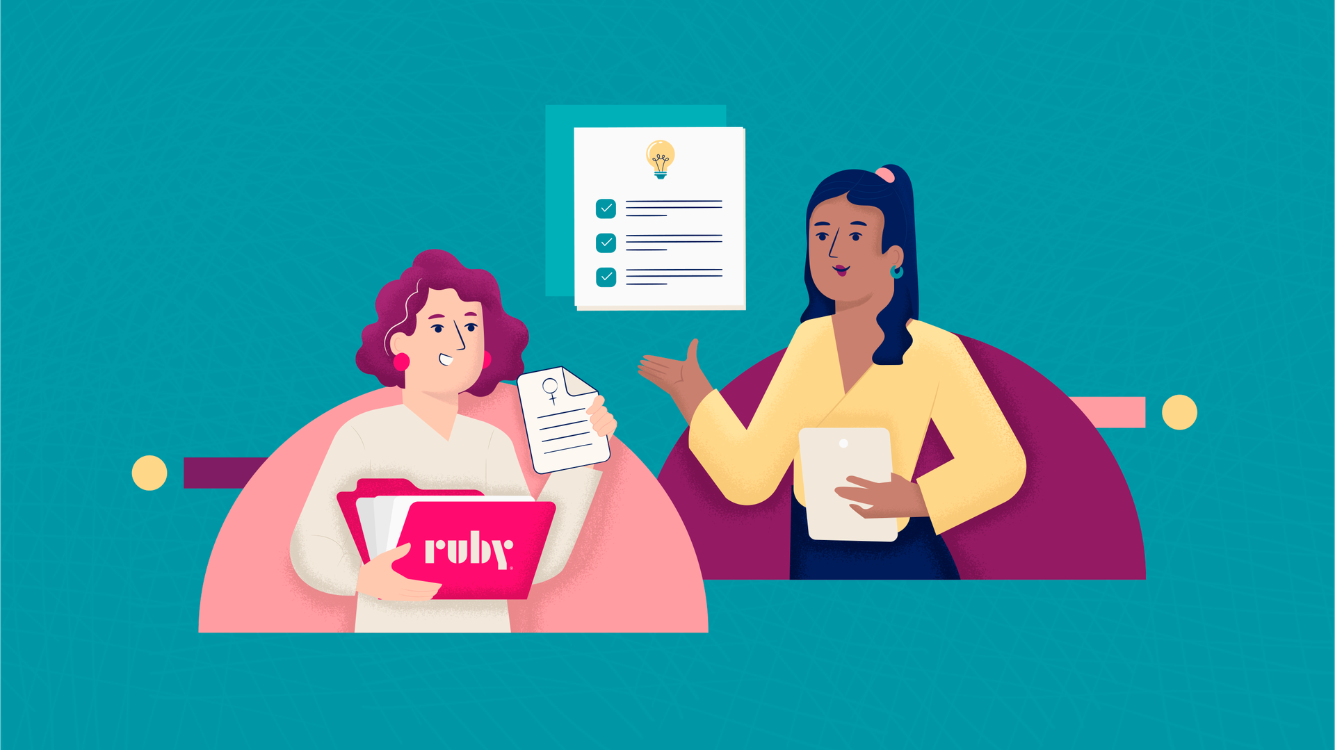 14 resources for women business owners: illustration of women business owners holding documents and discussing a checklist