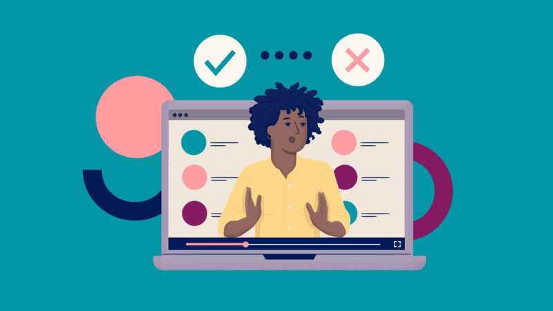 Dos and don'ts of remote training: illustration of person training via laptop with checkmark and "x" icons above her head