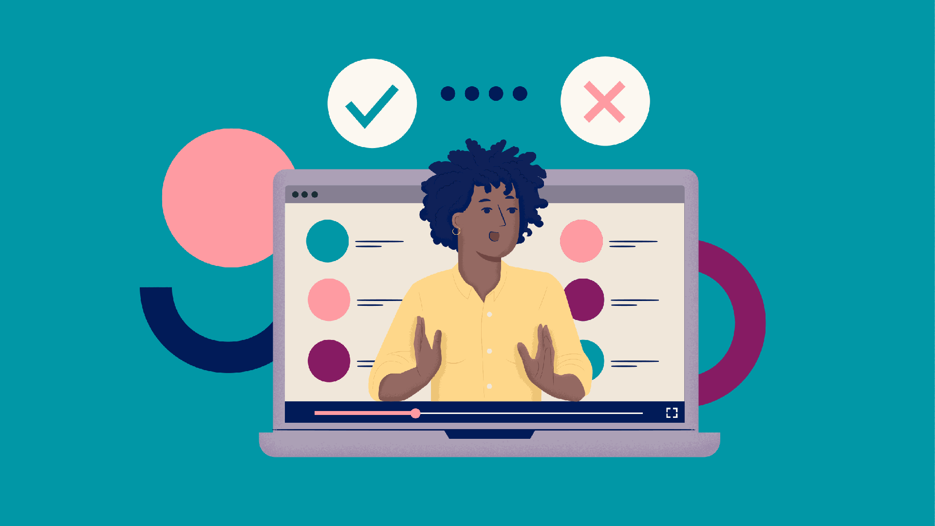 Dos and don'ts of remote training: illustration of person training via laptop with checkmark and "x" icons above her head