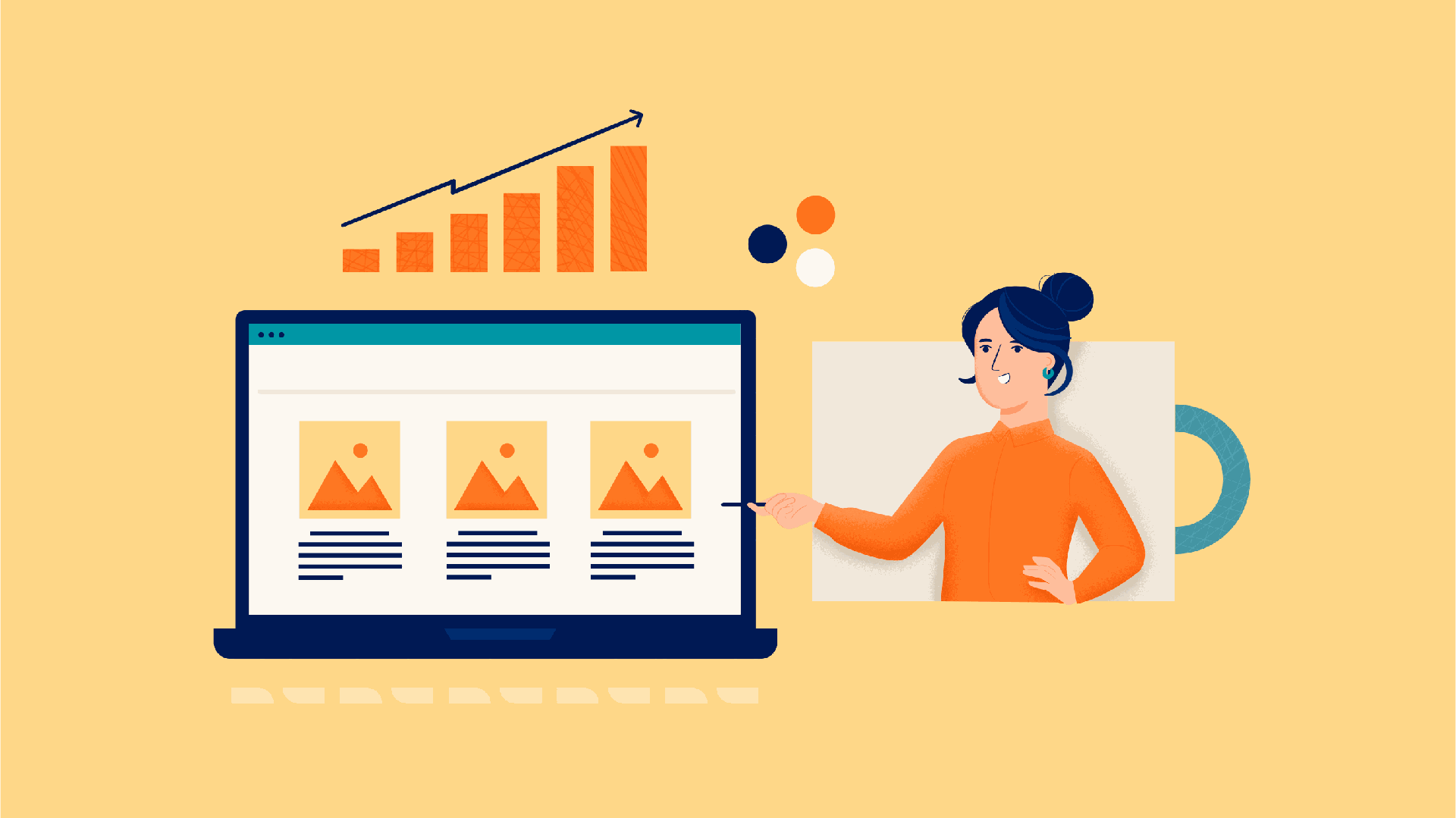 Is your website generating enough leads: illustration of attorney pointing to website with graphics indicating growth above