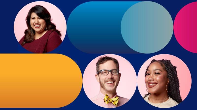 Ruby hiring in Texas: a snippet of Ruby's career brochure showing faces of three virtual receptionists in a colorful collage