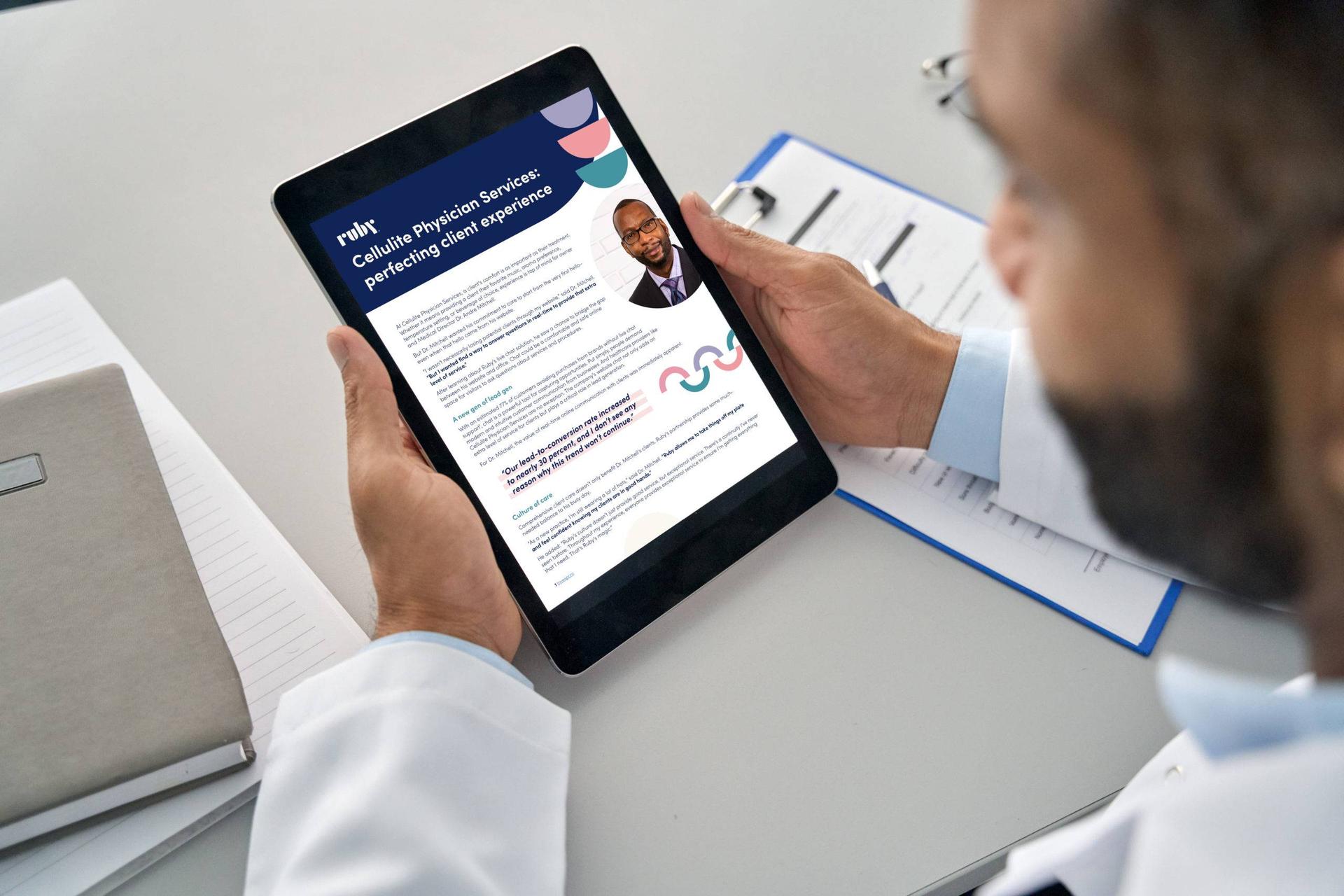 Doctor holding tablet with Ruby's Cellulite Physician Services case study on screen