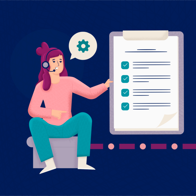 Customer service audit checklist: illustration of person sitting next to checklist with a speech bubble containing a gear icon