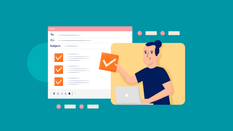 Professional email checklist: illustration of business owner composing an email with checklist items