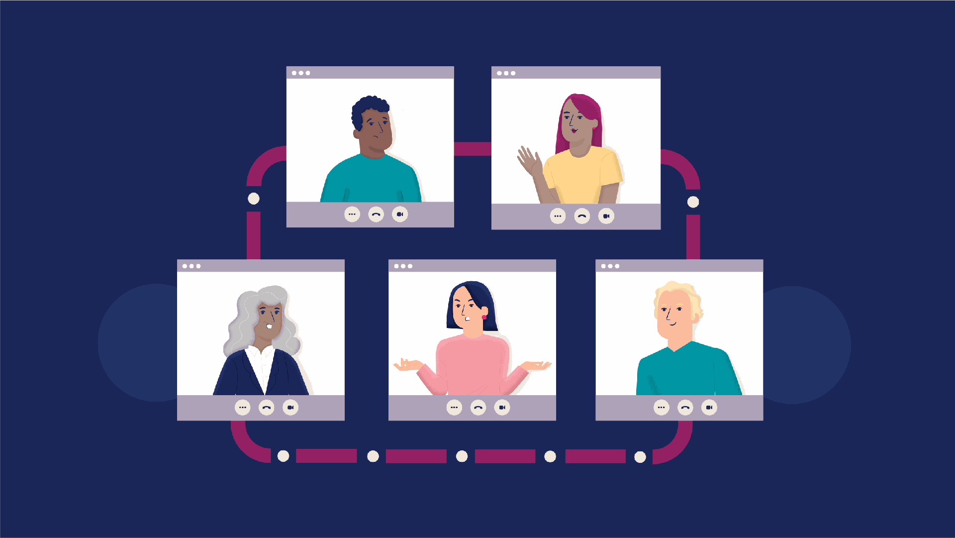 How to connect with anyone who calls your business: illustration of 5 people with different expressions in computer screens
