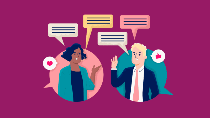 Illustration of two professionals having a conversation with text bubbles surrounding them