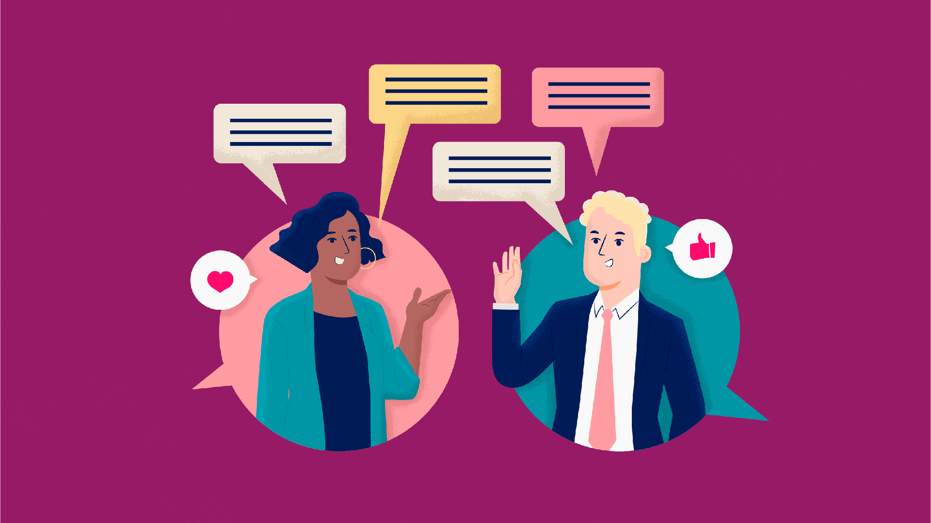 Illustration of two professionals having a conversation with text bubbles surrounding them