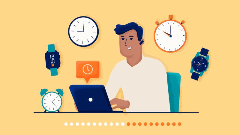 Illustration of office worker surrounded by clocks