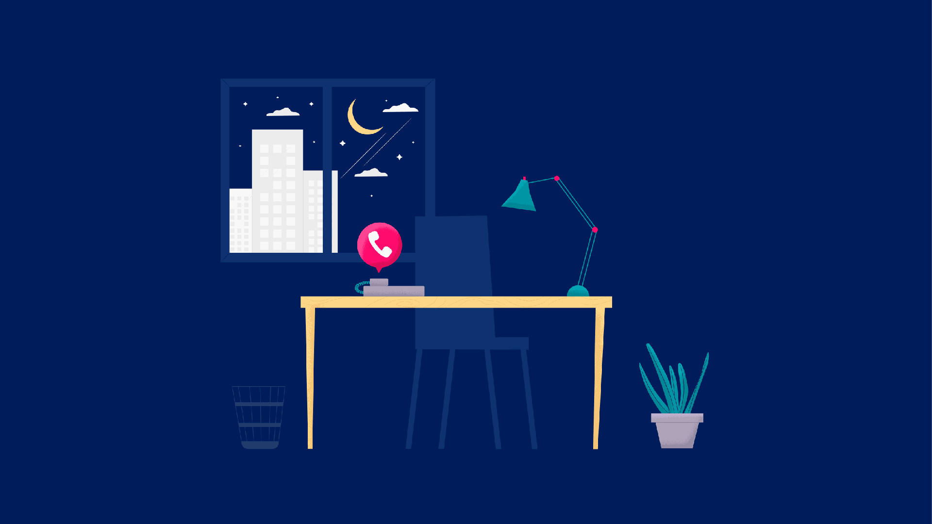 Illustration of desk with nighttime cityscape next to it