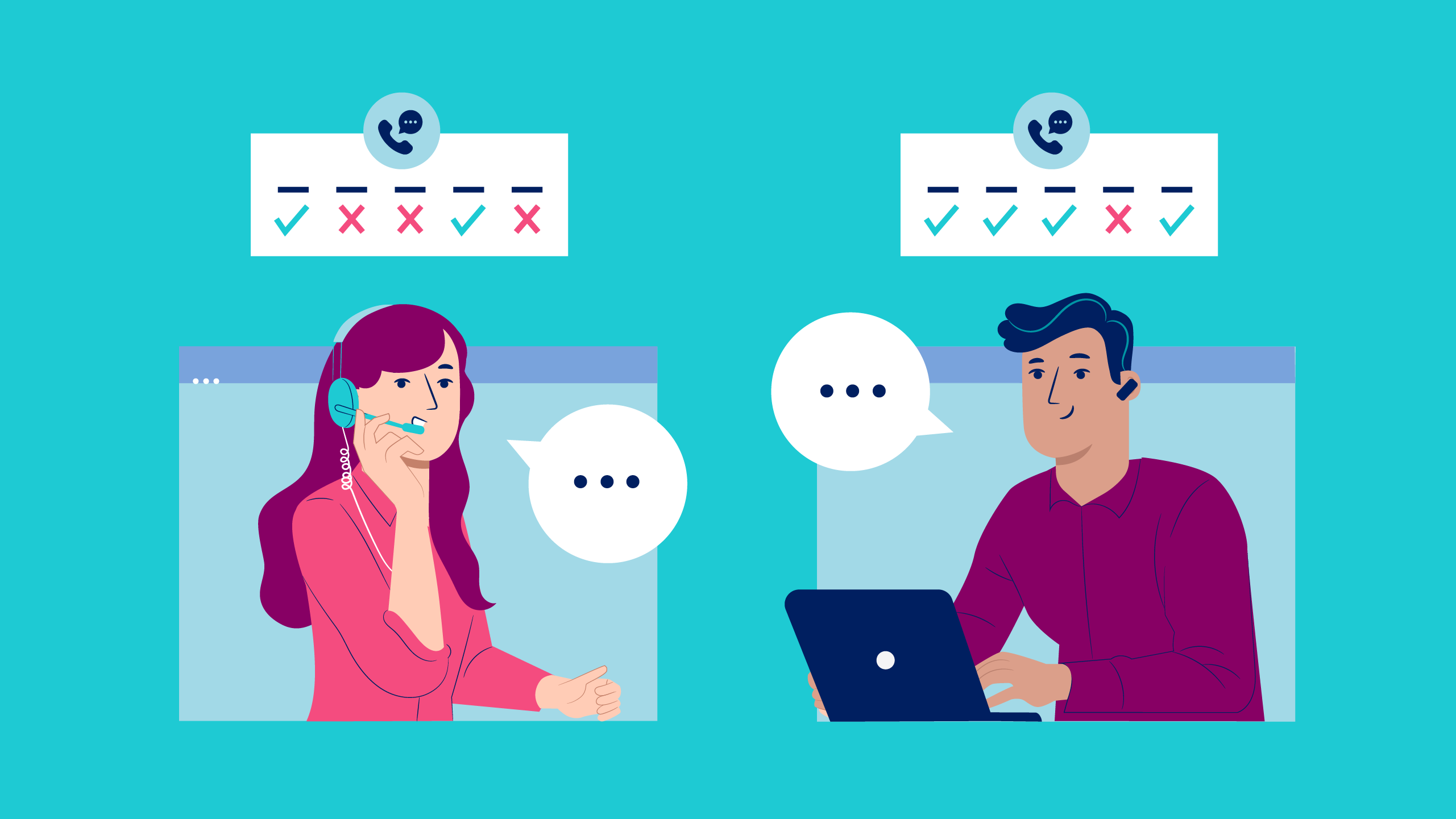 Answering service vs. virtual receptionist: side-by-side illustrations of two people answering the phone and chatting, communicating on behalf of small businesses, with checkmark and X comparison above