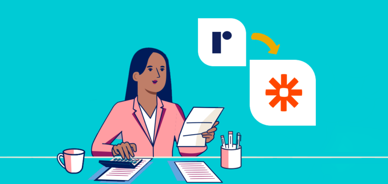 Small business automation: illustration of attorney at her desk with Ruby and Zapier logos in the background
