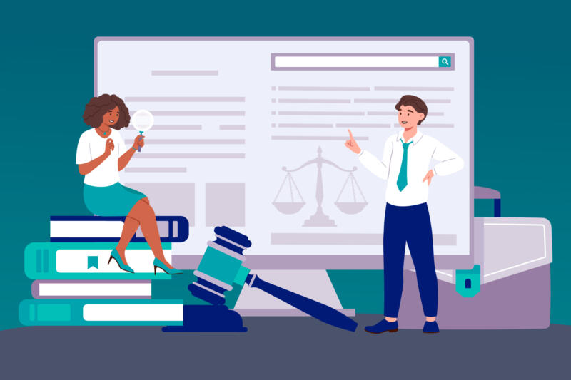 An illustrated graphic of two lawyers focusing on the computer in the background.