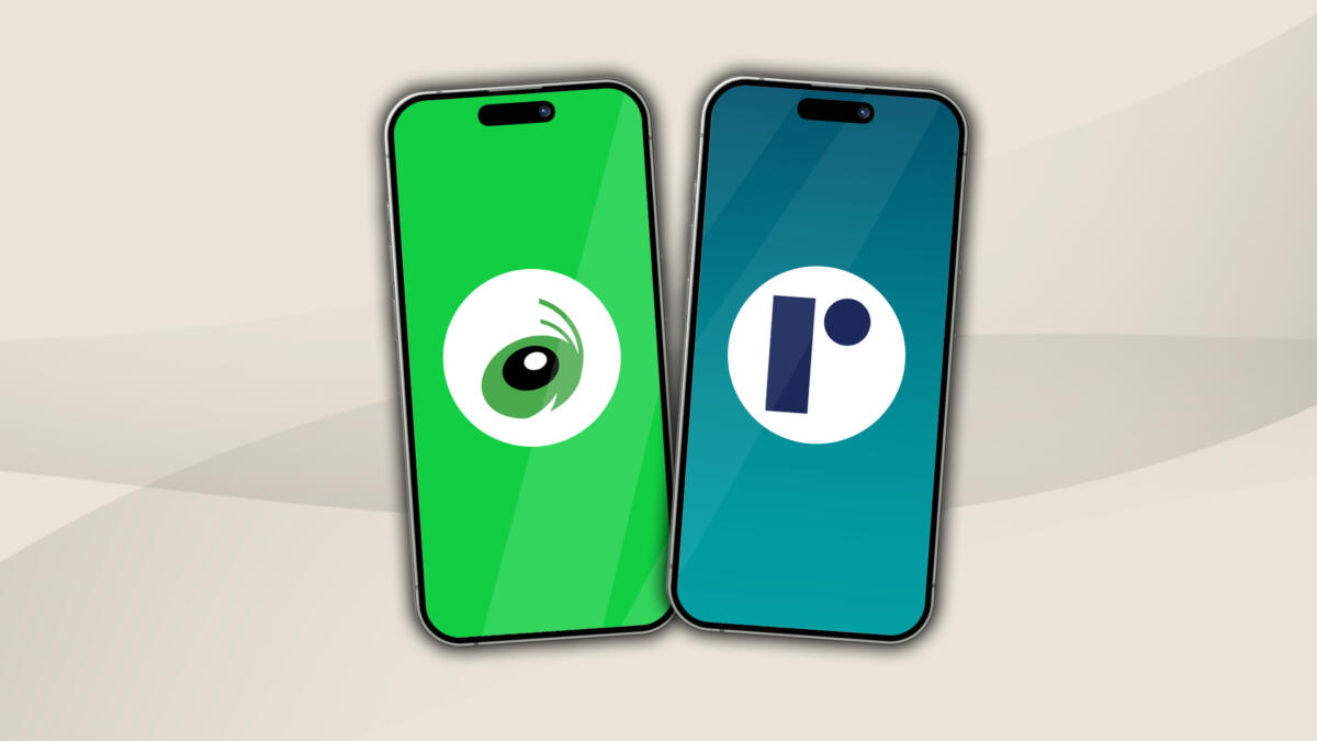 An image of two phones sitting on a beige background. The phone on the left has a bright green screen with Grasshopper's icon on it. The phone on the right has a dark to light teal gradient background with the R from the ruby logo.