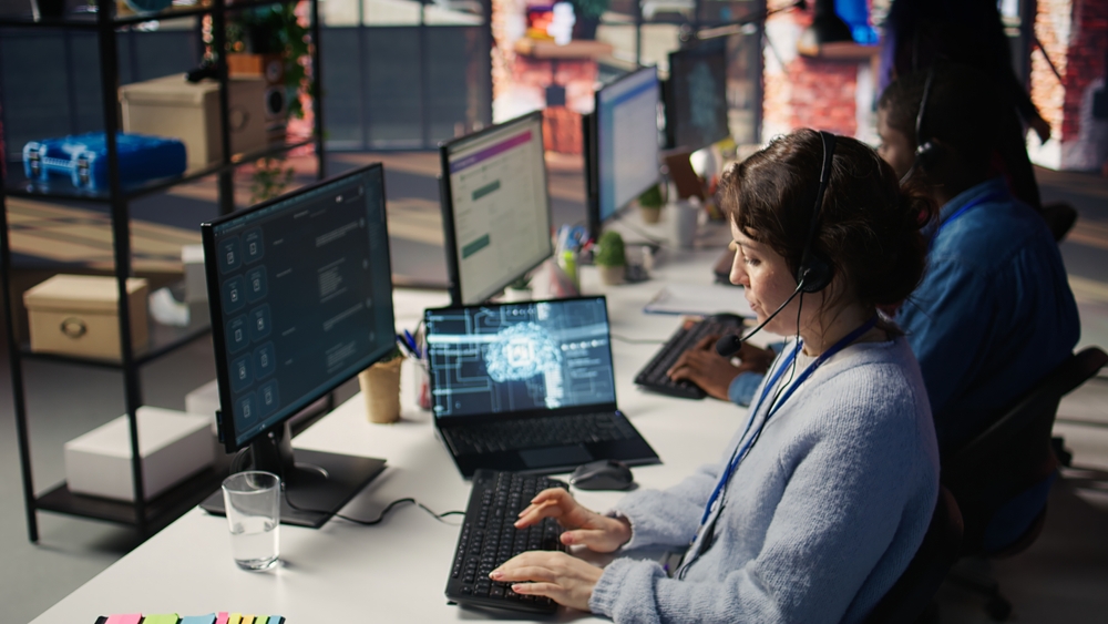 virtual receptionist in a contemporary open office space